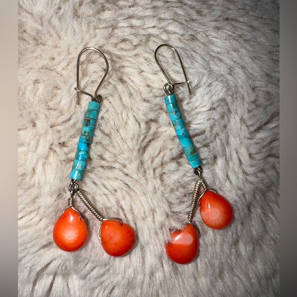 Natural Turquoise And Coral Dangle Earrings‎ Western Navajo Boho Hobo